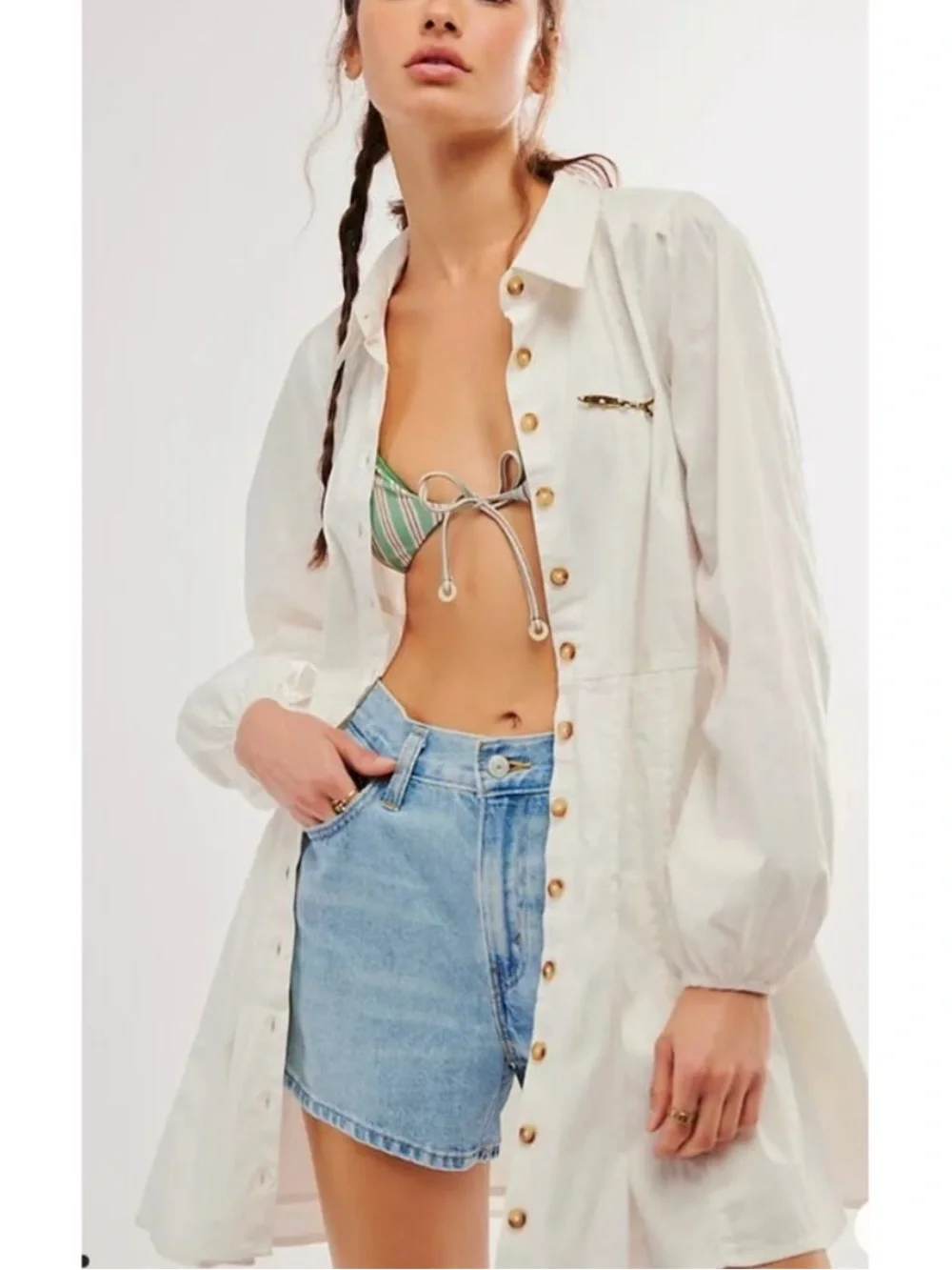 NWT Free People marvelous Mia long sleeve Button-Front Ivory Mini Shirt Dress XS - Picture 3 of 16